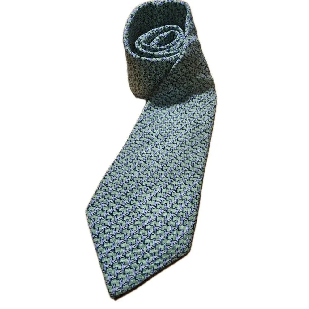 Vineyard Vines Bird Print Silk Tie Green Blue Made USA Shep & Ian